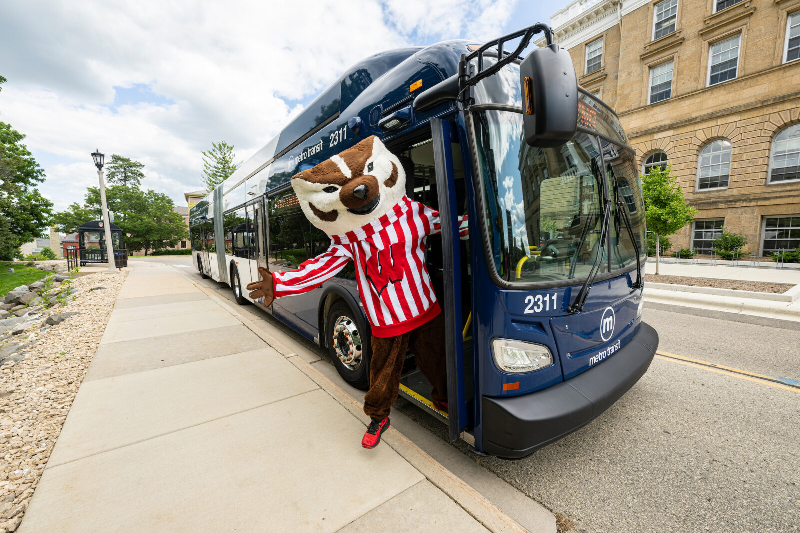 UW mascot Bucky Badger welcomes riders on a new 60-foot long Madison Metro electric bus