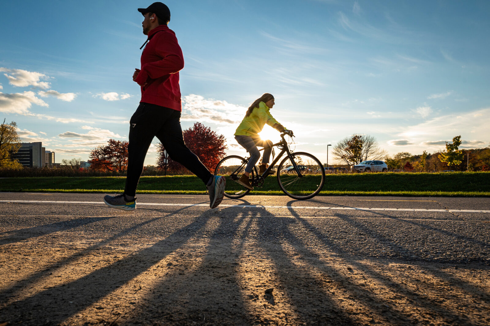 Pedestrians and cyclists cast long shadows as they travel among the colors of the fall leaves along the Howard Temin Lakeshore Path near the Picnic Point entrance