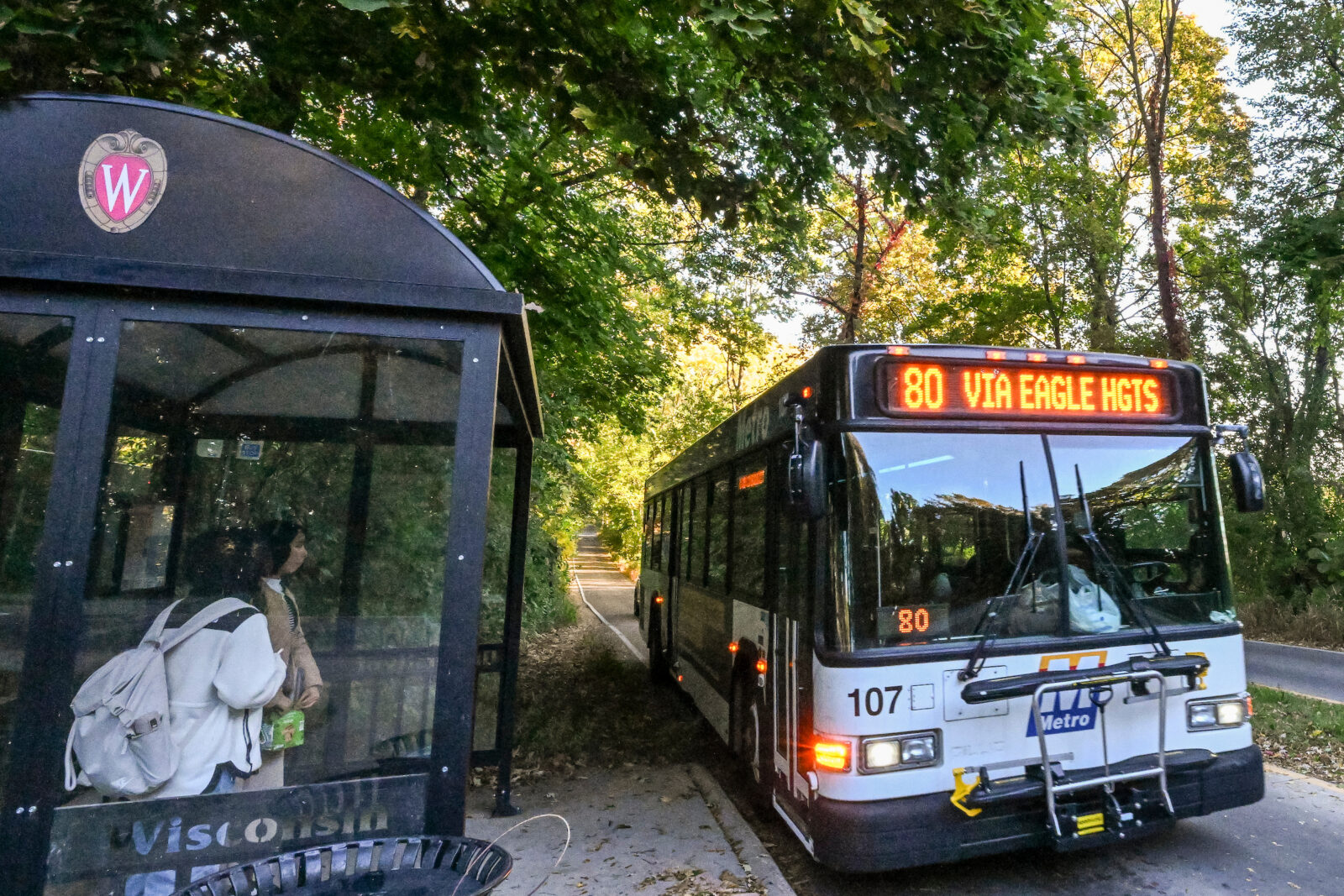Madison Metro Bus route 80 picks up commuters at Eagle Heights