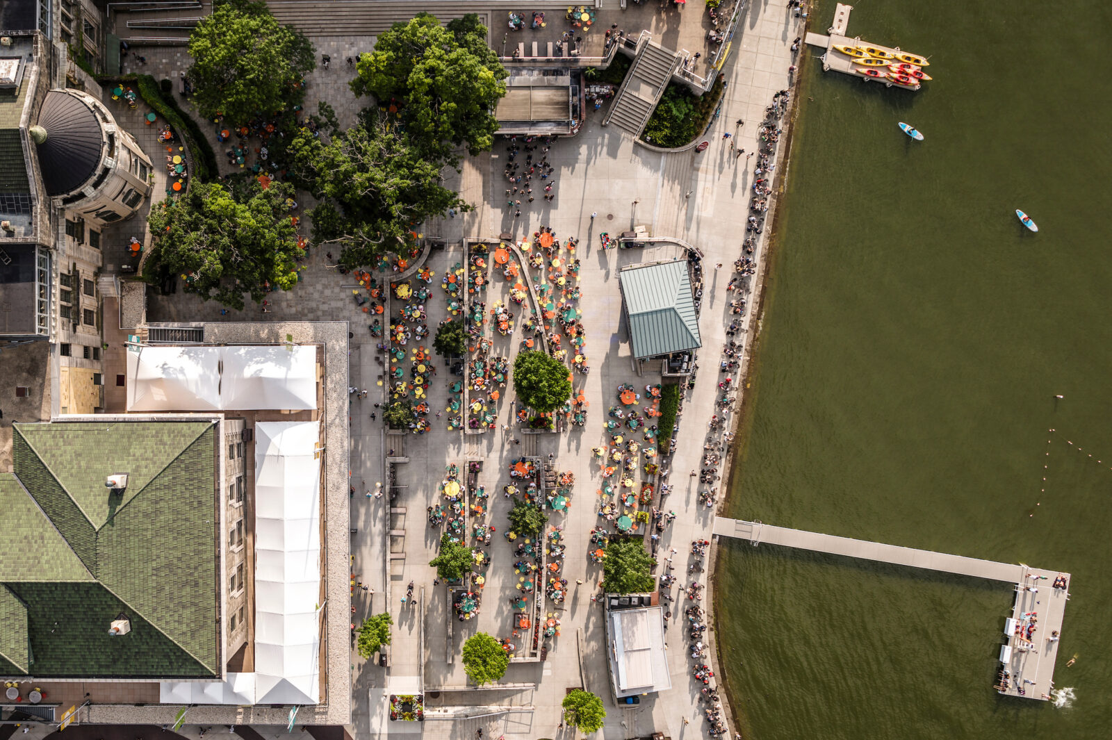 People gather on at the Memorial Union Terrace as seen from above by a drone