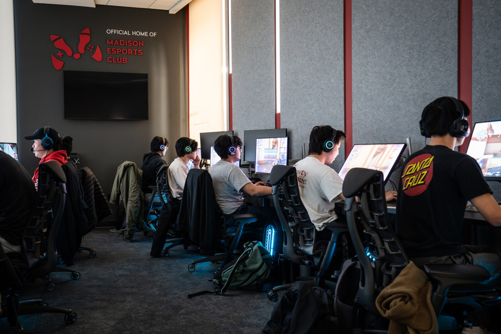 Students compete in Valorant, a multiplayer video game, in the Esport Lounge at the Bakke Recreation & Wellbeing Center at the University of Wisconsin–Madison on April 1, 2025. (Photo by Xiaomeng Shen / UW–Madison)