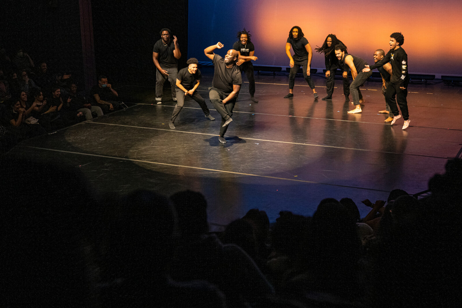 First Wave scholars perform during “summer, somewhere,” by First Wave alum Danez Smith on stage at the Playhouse Theater inside the Overture Center during the Line Breaks Hip Hop Festival on April 1, 2022. The performance was open to the public as a part of the 2022 Arts Crawl, a series of demonstrations, workshops, open classes, performances and exhibitions held from March 31 - April 2, 2022 as an opportunity to have creative arts experiences. (Photo by Bryce Richter / UW-Madison)