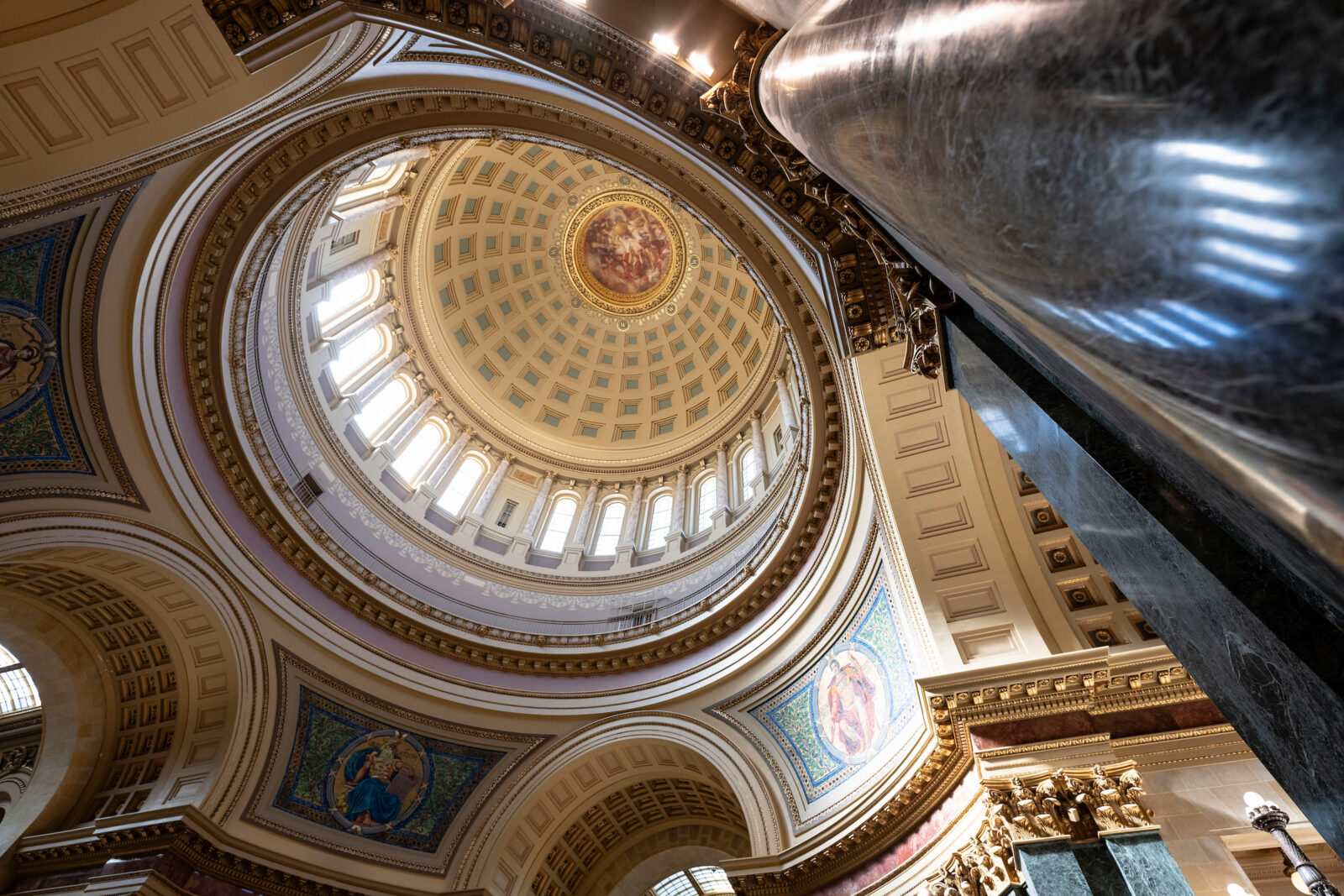 The interior dome of the Wisconsin State Capitol is pictured during Research in the Rotunda in the Capitol on March 6, 2024. The outreach event provides students and faculty advisors from across the UW System with the opportunity to share their research findings with Wisconsin legislators, state leaders, UW alumni and members of the public. (Photo Jeff Miller / UW–Madison)