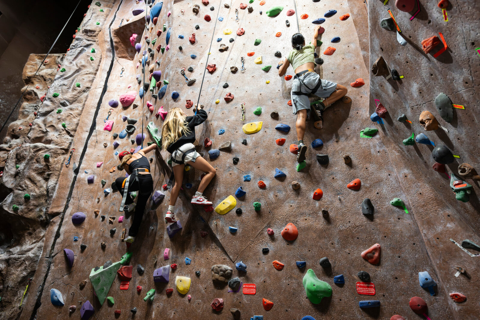 Students scale the climbing wall at Union South at the University of Wisconsin–Madison during the Sunburst Festival on Aug. 31, 2025. The event is part of Wisconsin Welcome, a multi-week celebration that invites incoming freshmen and transfer students to discover Madison, meet fellow Badgers, and find their campus community. (Photo by Jeff Miller / UW–Madison)